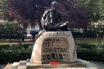 Mahatma Gandhi Statue, Mahatma Gandhi Statue in London pictures, iconic gandhi statue vandalised near london university, College
